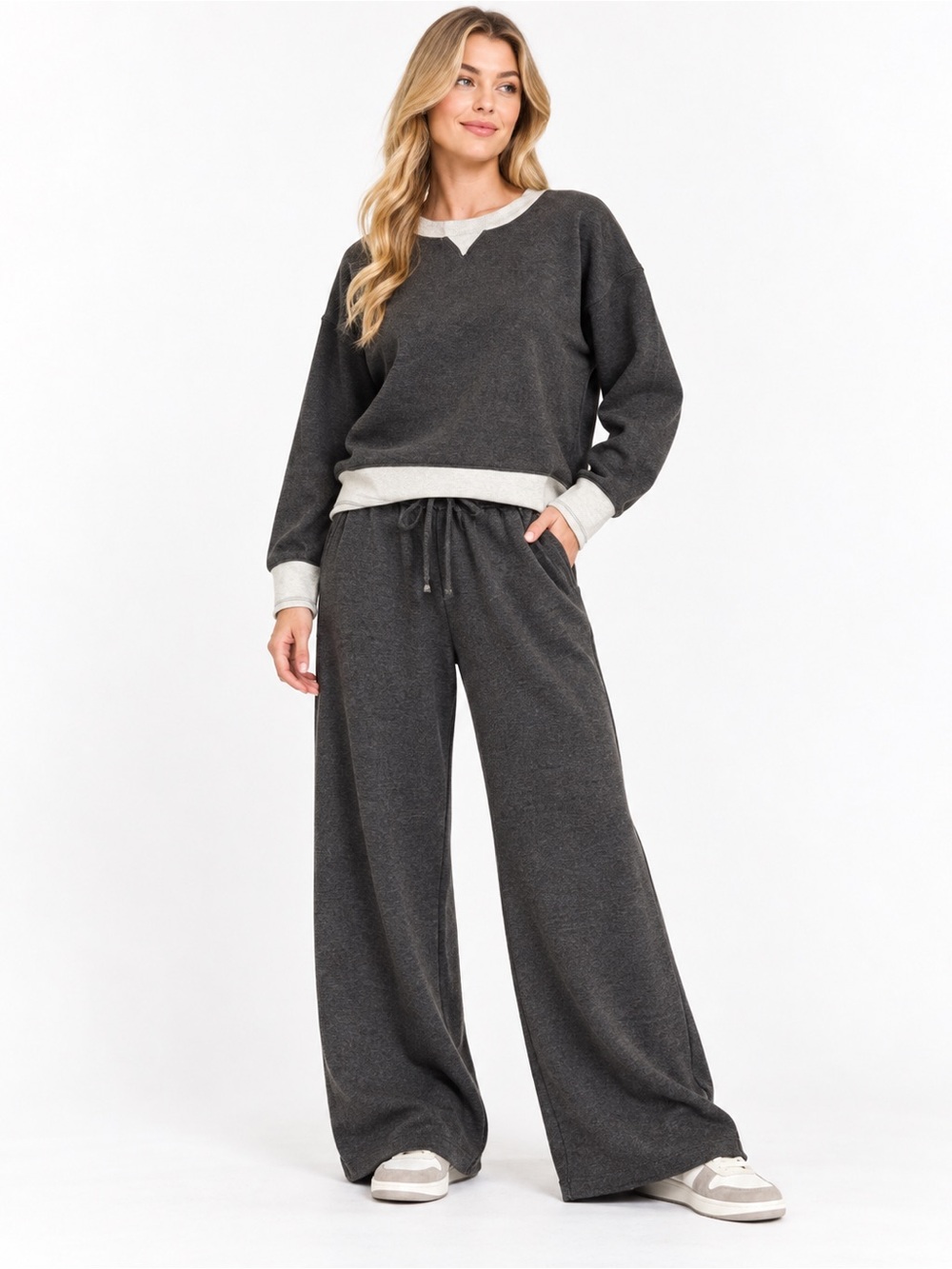 Zenana Black Acid Wash Fleece Wide Leg Pants & Sweatshirt Set